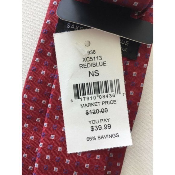 SAKS FIFTH AVENUE SILK NECK TIE RED WITH BLUE WHITE SQUARES NECKTIE - Picture 5 of 6